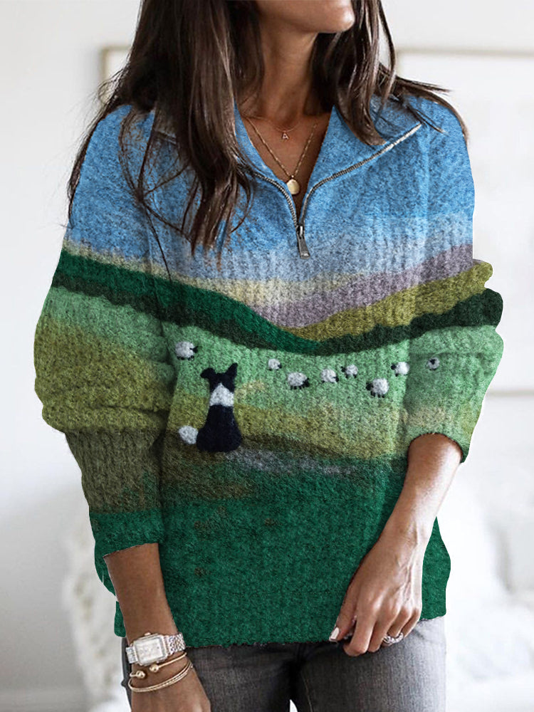 Comstylish Border Collie & Sheep Landscape Felt Art Zip Up Sweater