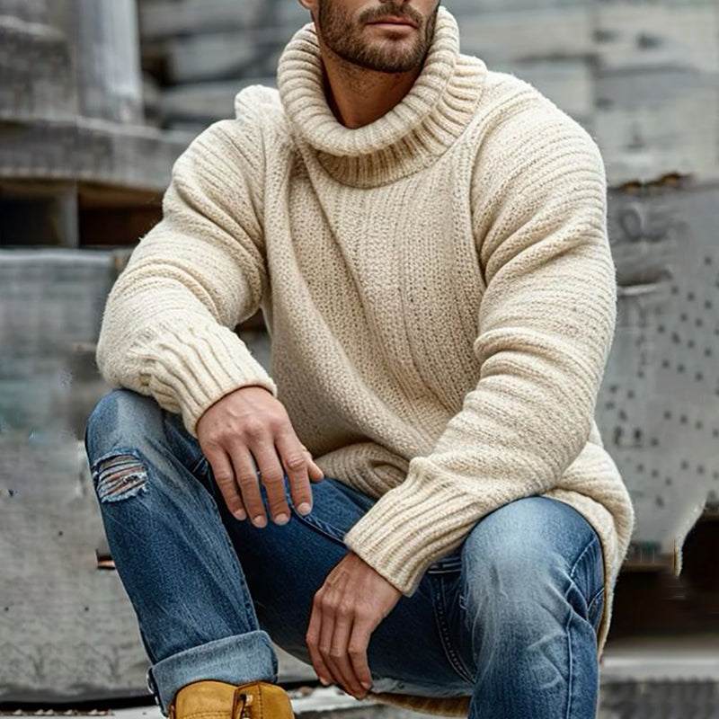 Men'S Vintage Solid Color High Neck Jacquard Cozy Sweater artswardrobe