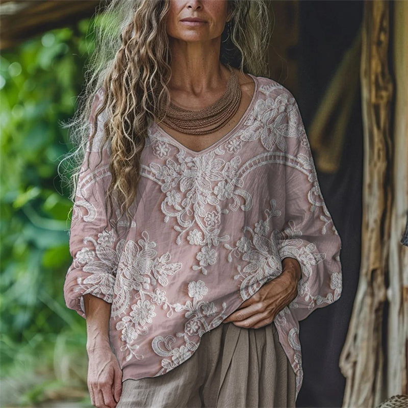 Comstylish Boho Floral Embroidered Lace Flowy Linen Tunic