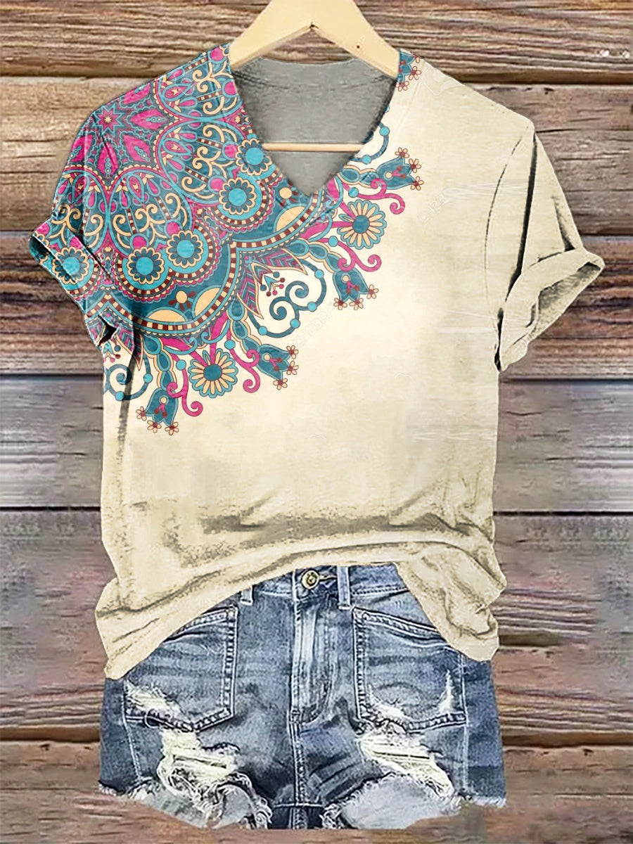 Women's Art Painting Hippie Print V-Neck T-Shirt