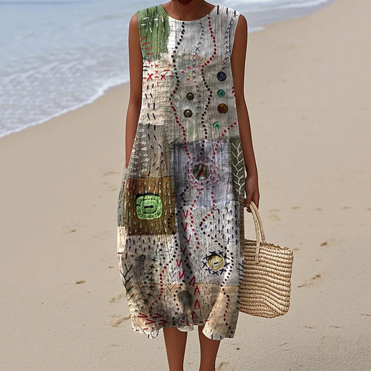 Vintage Loose Patchwork Art Linen Tank Dress artswardrobe