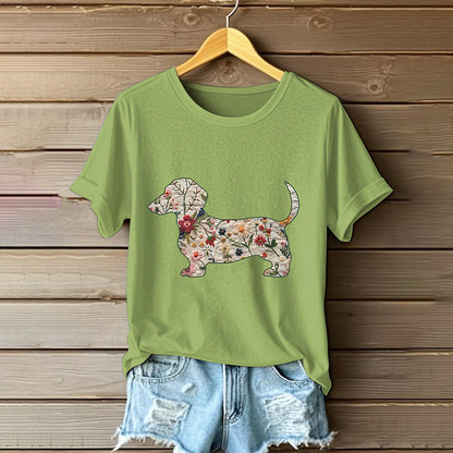 Comstylish Women's Classic Dachshund In Floral Inspired Painting Embroidered Casual Linen T-shirt