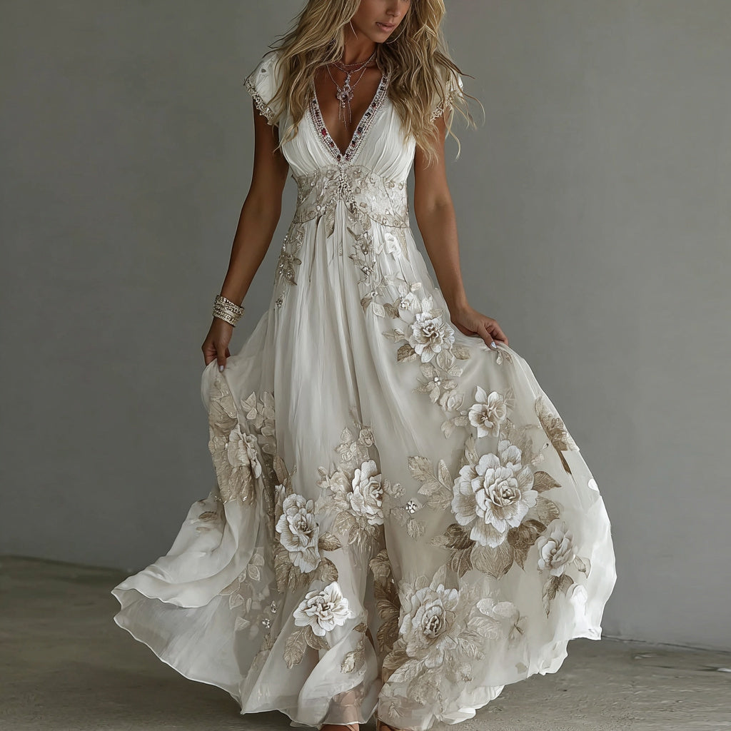 Comstylish Women's Vintage Boho Floral Art Short-sleeved Maxi Dress