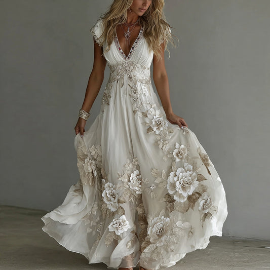 Comstylish Women's Vintage Boho Floral Art Short-sleeved Maxi Dress