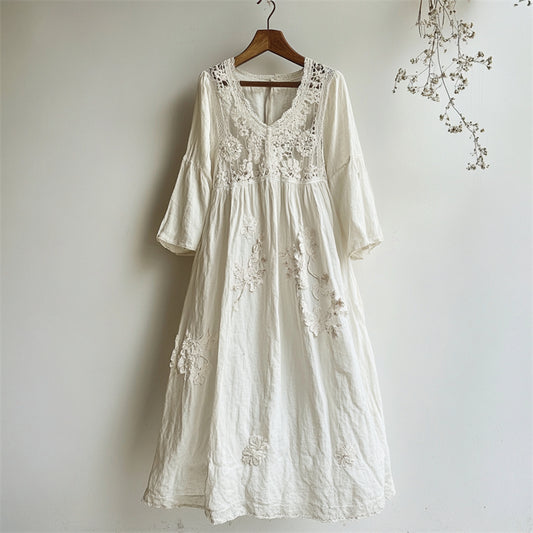 Vintage Floral Hollow Lace Patchwork Linen Maxi Dress artswardrobe
