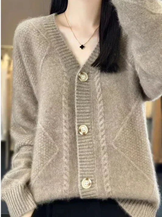 Cardigan mélange cachemire à bordure torsadée délicate et boutonnage
