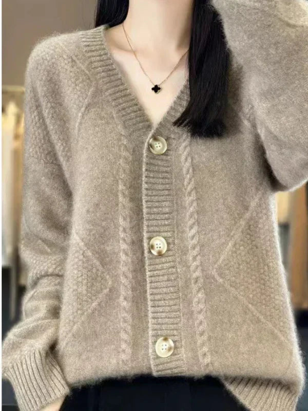 Cardigan mélange cachemire à bordure torsadée délicate et boutonnage