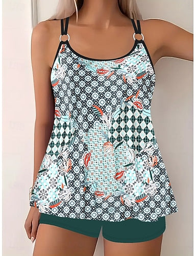 Tankini 2 Piece Swimsuit Shorts Tummy Control High Waist Slim Backless Vacation Beach Wear Ombre U Neck Sleeveless Bathing Suits