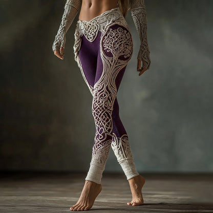Vintage Viking Tree Of Life Celtic Knot Contrasting Colors Art Knit Cozy Leggings artswardrobe