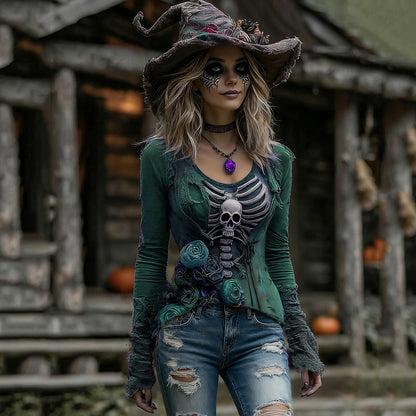 Comstylish Women's Halloween Rose Skull Witch Cosplay V-neck T-shirt