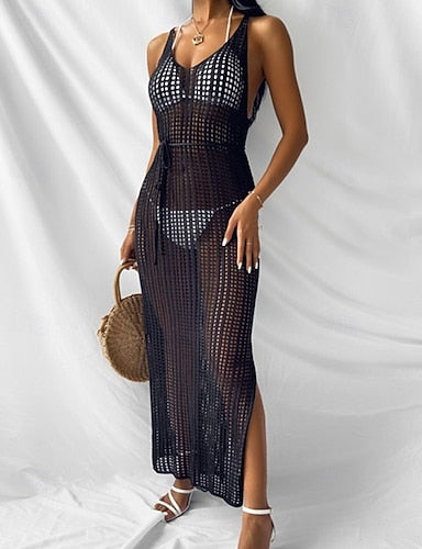 Swimwear Cover Up Dress Swimsuit Cut Out Vacation Beach Wear Plain V Neck Sleeveless Bathing Suits