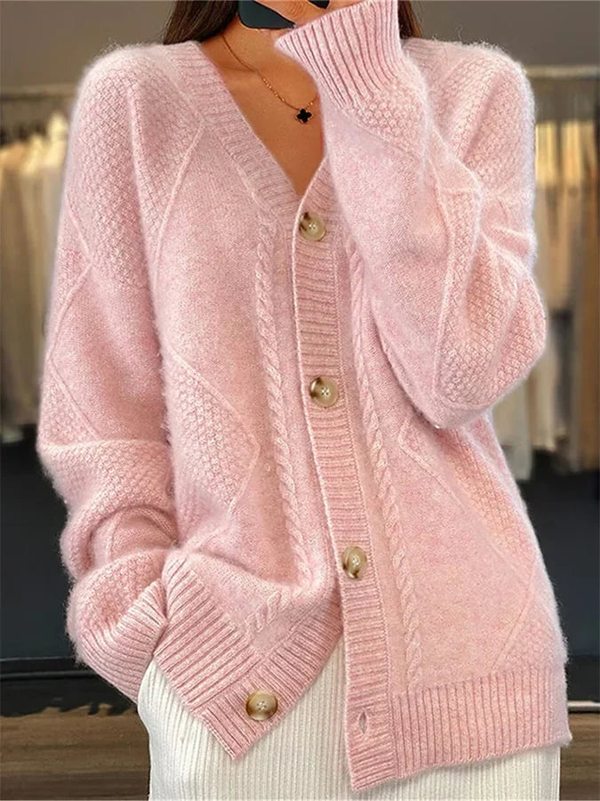 Cardigan mélange cachemire à bordure torsadée délicate et boutonnage