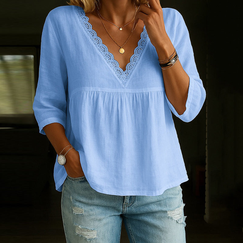 Women's Vintage Lace Cotton And Linen V-neck T-shirt artswardrobe