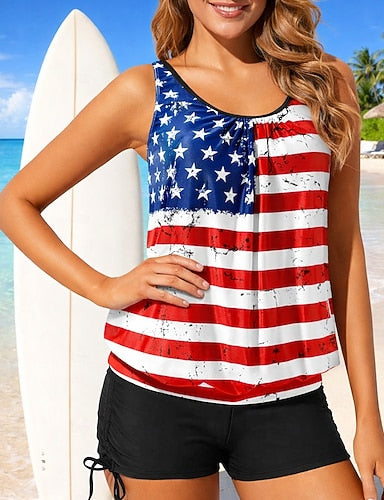 Ruched Tankini 2 Pieces Tropical Uv Protection Elastic Sleeveless Swimwear Surfing Beach Swimming Summer