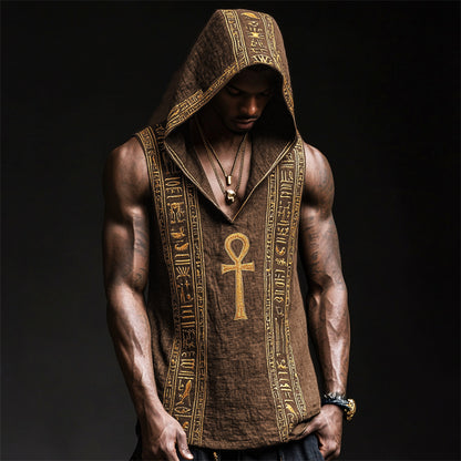 Men's Ankh Ancient Egyptian Embroidered Hooded Linen Tank artswardrobe