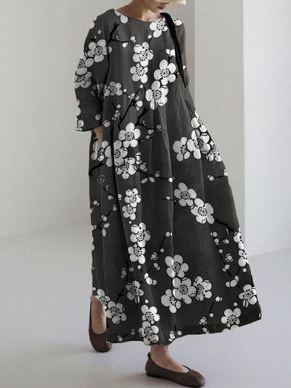 Comstylish Plum Blossom Japanese Lino Pattern Linen Blend Maxi Dress
