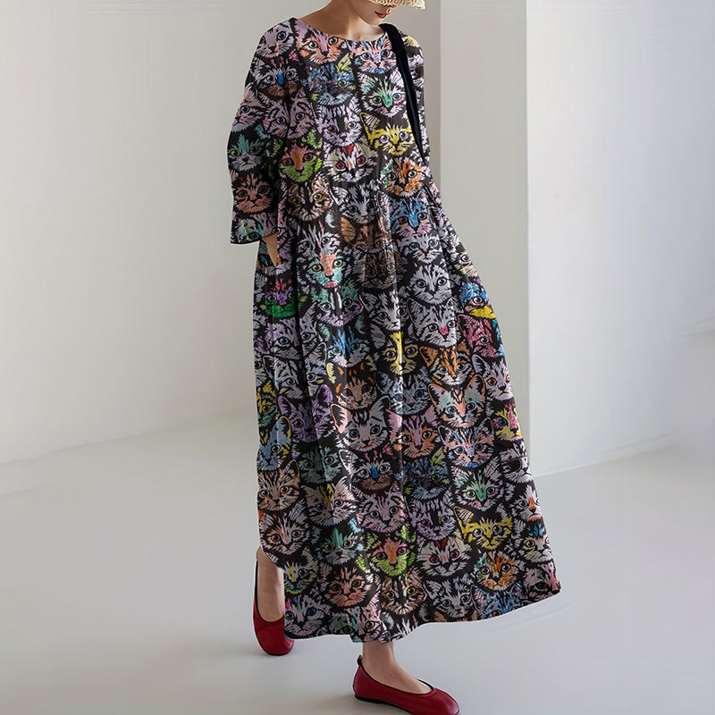 Colorful Cat Print Women's Dress elevenforest