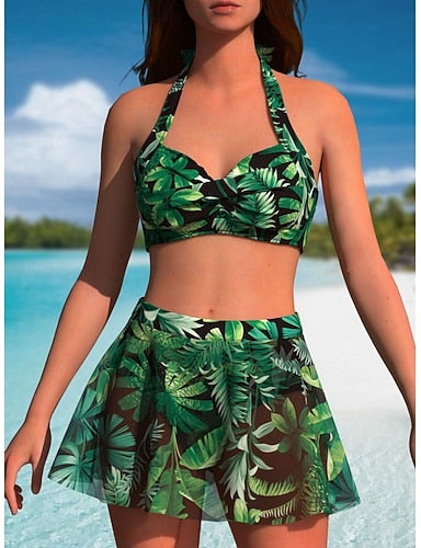 Swimwear Bikini 2 Piece Skirt Swimsuit Slim Backless Vacation Beach Wear Tropical Halter Neck Sleeveless Bathing Suits