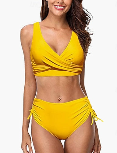 Ruched Swimsuit Bikini Sets Bathing Suit Colored Ruched Side Uv Protection Elastic Sleeveless Swimwear Swimsuit Surfing Diving Swimming Summer