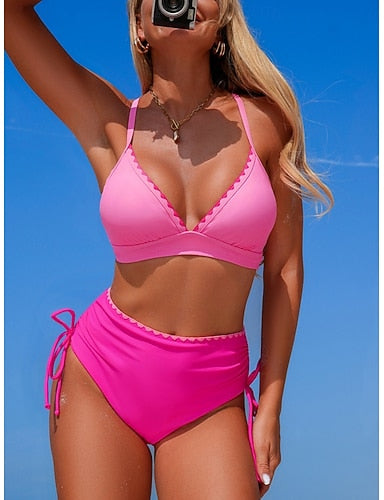 Swimwear Bikini 2 Piece High Waist Swimsuit Slim Backless Vacation Beach Wear Color V Neck Sleeveless Bathing Suits