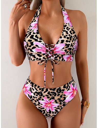 Bikini 2 Piece Swimsuit Leopard Cheeky Tummy Control High Waist Slim Backless Vacation Beach Wear Graphic V Neck Sleeveless Bathing Suits