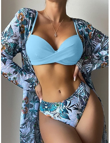 Swimwear Bikini Three Piece High Waist Swimsuit Slim Backless Vacation Beach Wear Tropical V Neck Sleeveless Long Sleeve Bathing Suits
