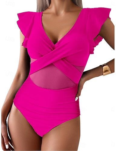 Swimwear One Piece High Cut Swimsuit Patchwork Backless Vacation Beach Wear Plain V Neck Sleeveless Bathing Suits