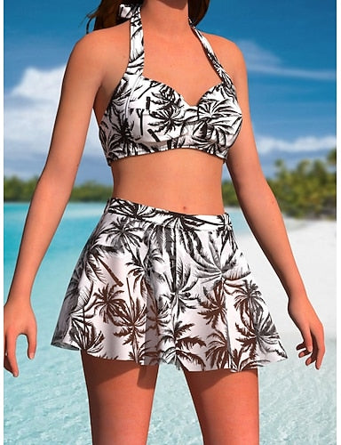 Swimwear Bikini 2 Piece Skirt Swimsuit Slim Backless Vacation Beach Wear Tropical Halter Neck Sleeveless Bathing Suits