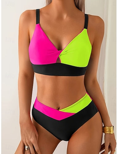 Swimwear Bikini 2 Piece Cheeky Swimsuit Slim Backless Vacation Beach Wear Color Block V Neck Sleeveless Bathing Suits