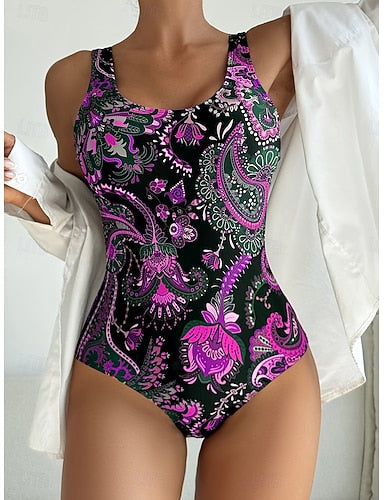 One Piece Swimsuit Slimming Monokini High Cut Tummy Control High Waist Slim Backless Vacation Paisley U Neck Sleeveless Bathing Suits