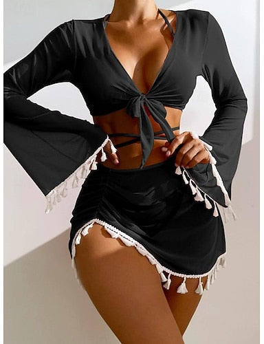 Bikini Swimsuit With Skirt Cheeky Slim Backless Vacation Beach Wear Color V Neck Long Sleeve Bathing Suits