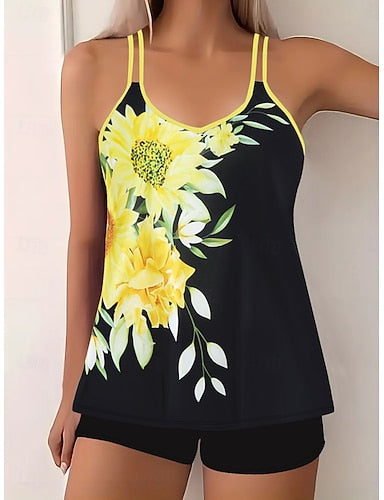 Tankini 2 Piece Swimsuit Boy Leg Tummy Control High Waist Slim Backless Vacation Beach Wear Geometric Scoop Neck Sleeveless Bathing Suits