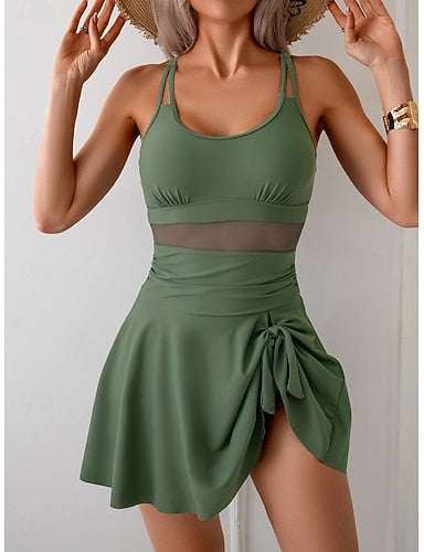 Swimwear One Piece Monokini Swim Dress Swimsuit Patchwork Mesh Slim Backless Vacation Color Scoop Neck Sleeveless Bathing Suits