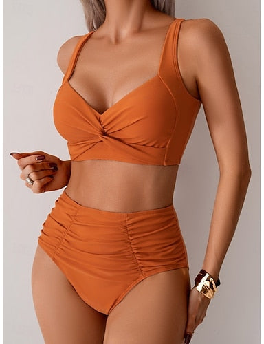Swimwear Bikini 2 Piece Briefs Swimsuit Backless Slim High Waisted Vacation Beach Wear Color V Neck Sleeveless Bathing Suits