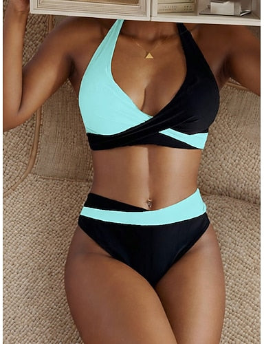Swimwear Bikini 2 Piece High Waist Swimsuit Ruched Backless Vacation Beach Wear Leopard Color Block Halter Neck Sleeveless Bathing Suits