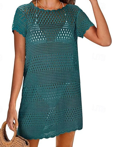 Swimwear Cover Up Swimsuit Cut Out Crochet Vacation Beach Wear Plain Round Neck Short Sleeves Bathing Suits