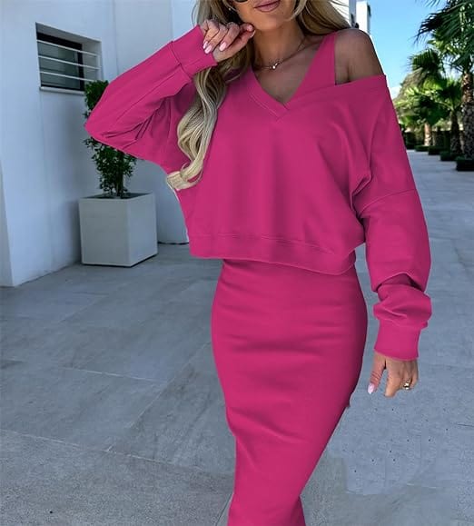 EP | Pull décontracté col V + jupe portefeuille tricotée Ensemble ajusté sur les hanches