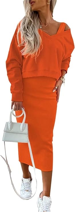 EP | Pull décontracté col V + jupe portefeuille tricotée Ensemble ajusté sur les hanches