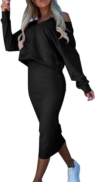 EP | Pull décontracté col V + jupe portefeuille tricotée Ensemble ajusté sur les hanches