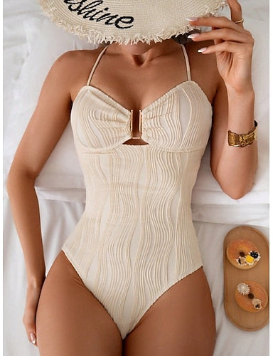 Swimwear One Piece Monokini Swimsuit Tummy Control High Waist Slim Vacation Beach Wear Color Halter Neck Sleeveless Bathing Suits