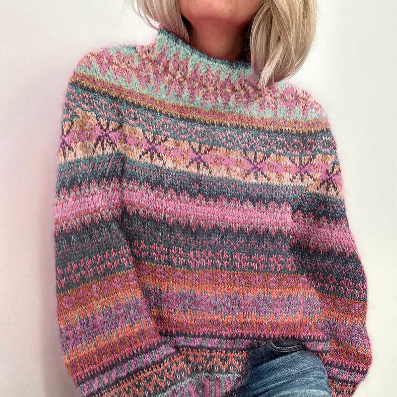 Pull en tricot de coton à rayures chinées pastel et col montant