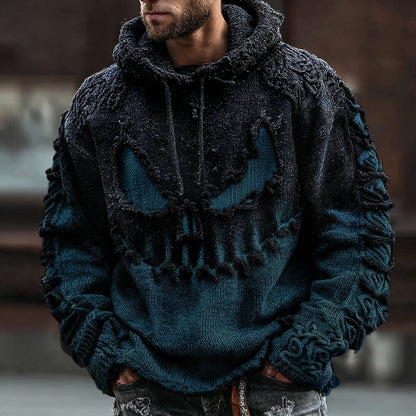 Men's Halloween Spooky Face Gradient Inspired Knitted Distressed Hooded Sweater elevenforest