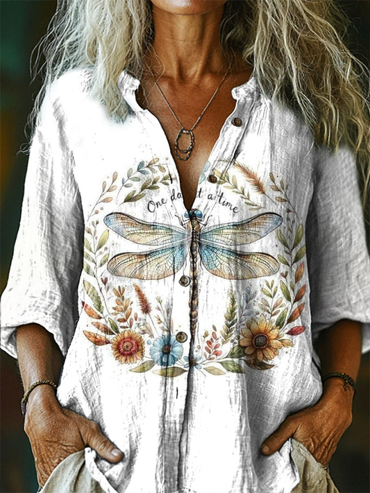 Women's Dragonfly Floral Pattern Art Print Casual Cotton Linen Shirt