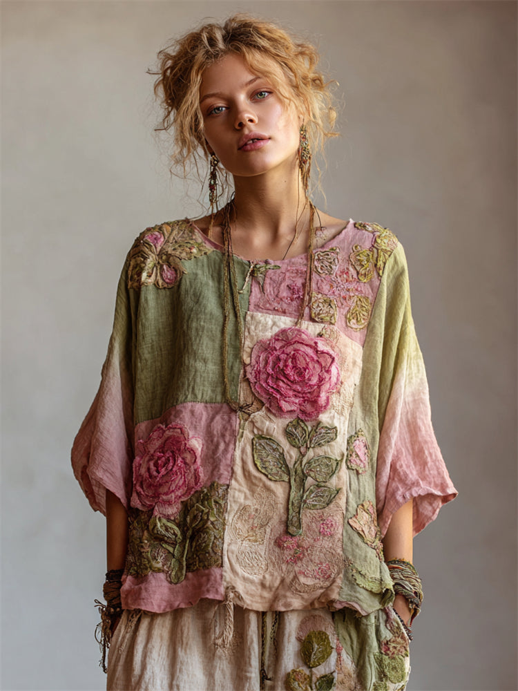 Vintage Pink Roses Cottagecore Patchwork Linen Tunic artswardrobe