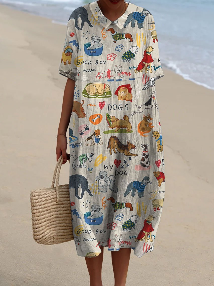 Women's Cute Dog Print V Neck Vintage Linen Loose Dress
