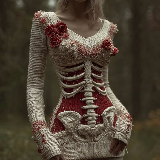 Halloween Skeleton Rose Bandage V-neck Sweater artswardrobe