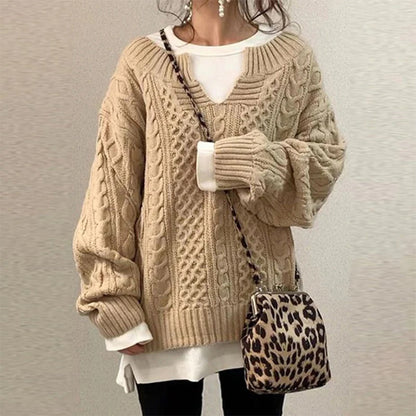 Pull torsadé en coton à encolure clé de cœur et panneaux de textures mixtes