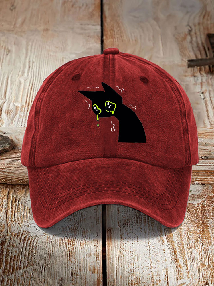 Japanese Art Black Cat Print Washed Hat elevenforest