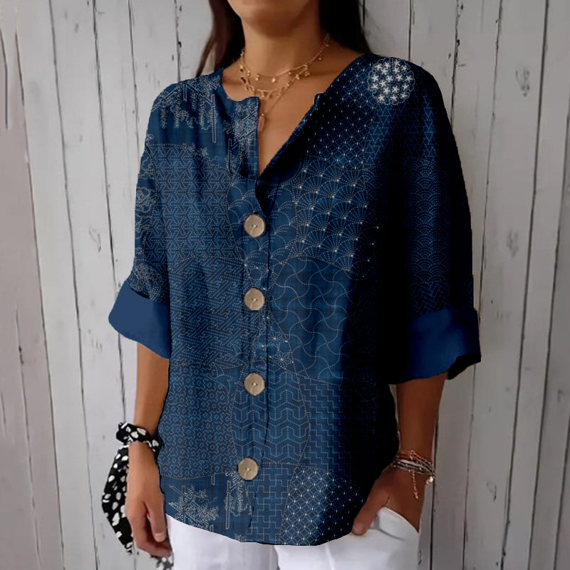 Comstylish Japanese Traditional Sashiko Art Comfy Linen Tunic