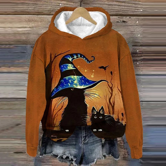 Funny Halloween Waiting For The Witch Black Cat Print Casual Hoodie elevenforest